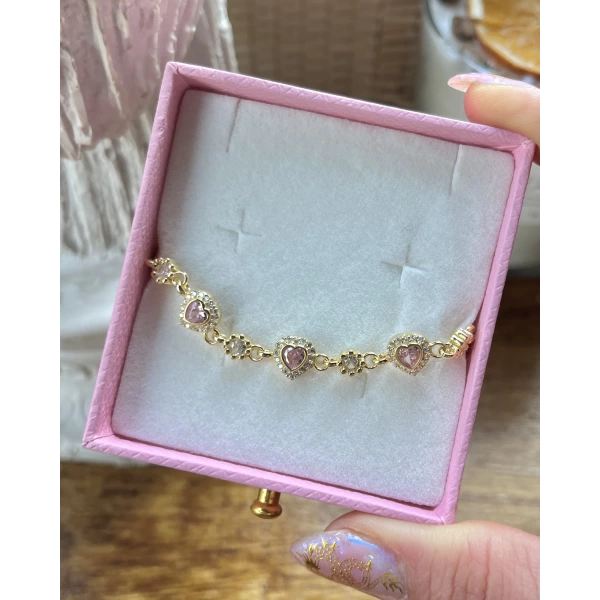 Pembe Taşlı Kalp Bileklik I 925 Gümüş
