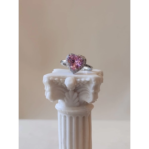 Pembe Taşlı Swarovski Kalp Yüzük | Çelik