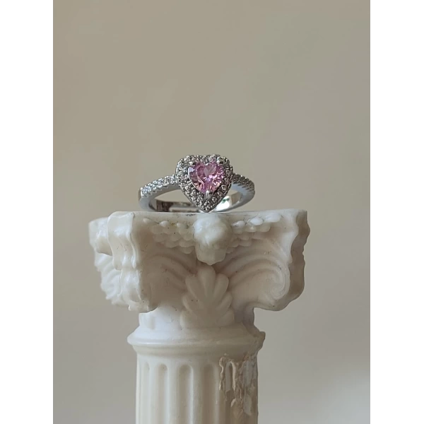 Pembe Taşlı Swarovski Kalp Yüzük | Çelik