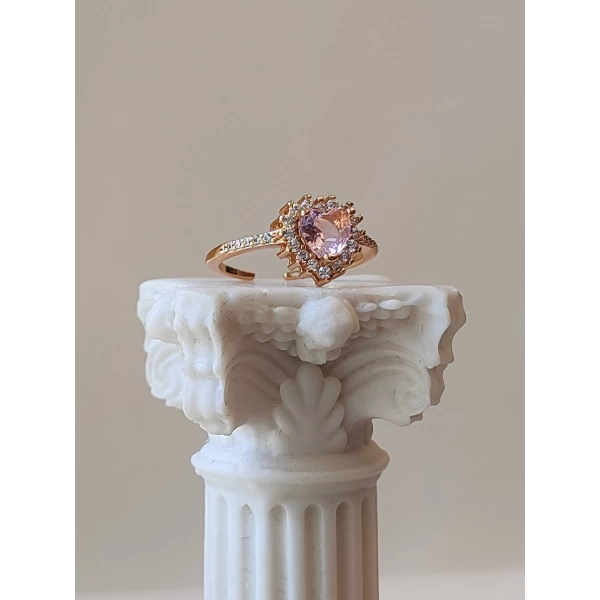 Pembe Taşlı Swarovski Kalp Yüzük | Çelik