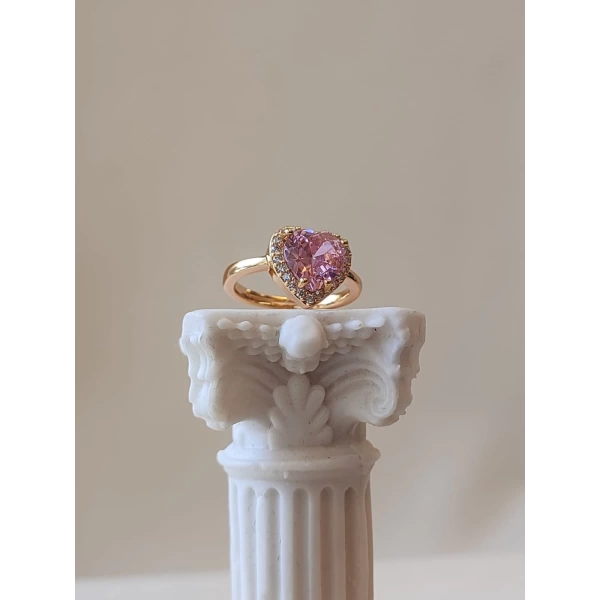 Pembe Taşlı Swarovski Kalp Yüzük | Çelik