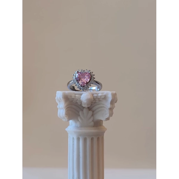 Pembe Taşlı Swarovski Kalp Yüzük | Çelik