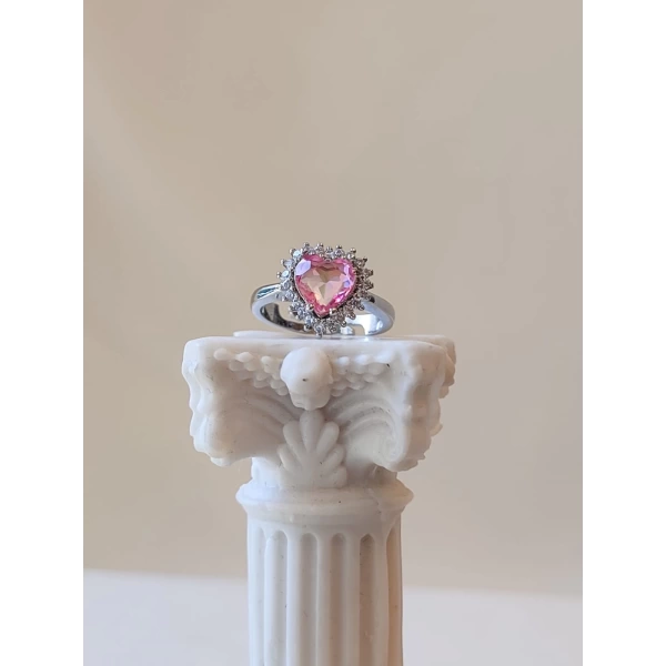 Pembe Taşlı Swarovski Kalp Yüzük | Çelik