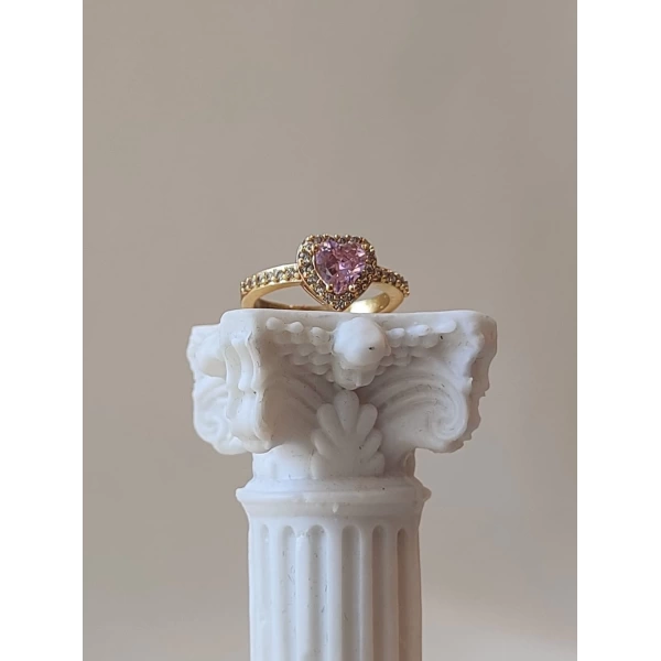 Pembe Taşlı Swarovski Kalp Yüzük | Çelik