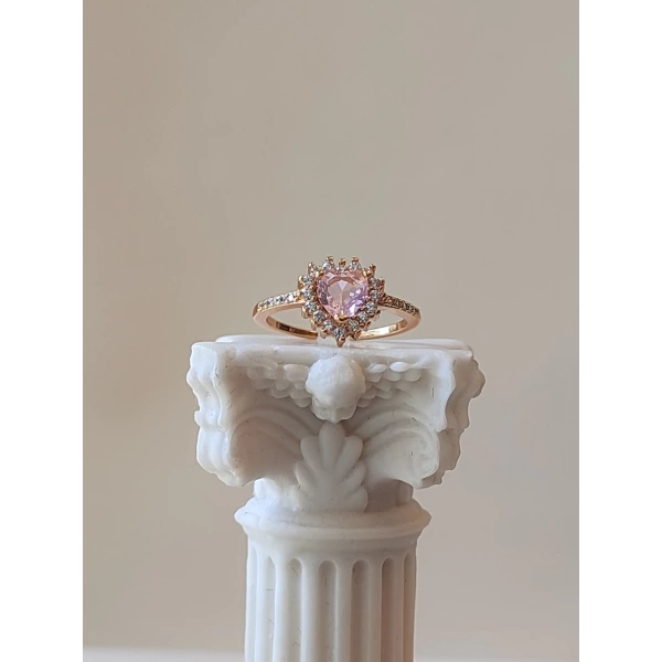 Pembe Taşlı Swarovski Kalp Yüzük | Çelik