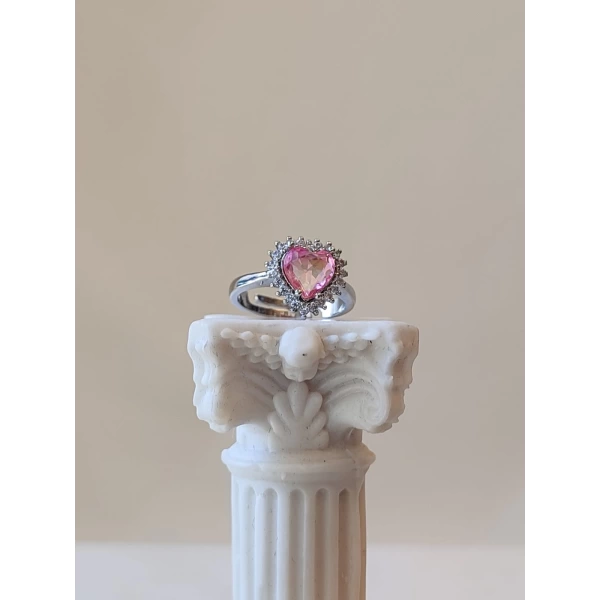 Pembe Taşlı Swarovski Kalp Yüzük | Çelik