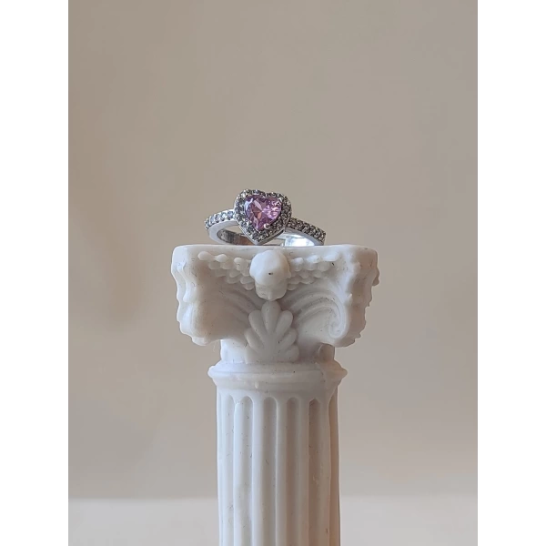 Pembe Taşlı Swarovski Kalp Yüzük | Çelik