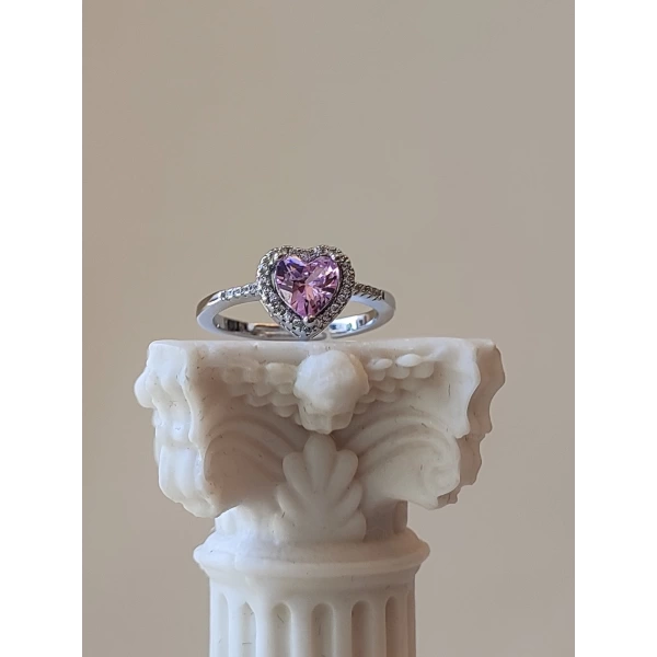 Pembe Taşlı Swarovski Kalp Yüzük | Çelik