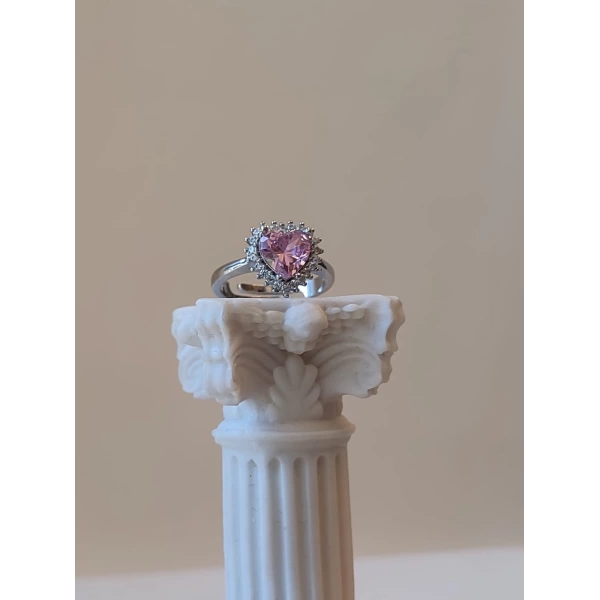 Pembe Taşlı Swarovski Kalp Yüzük | Çelik