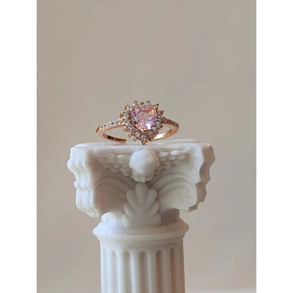 Pembe Taşlı Swarovski Kalp Yüzük | Çelik