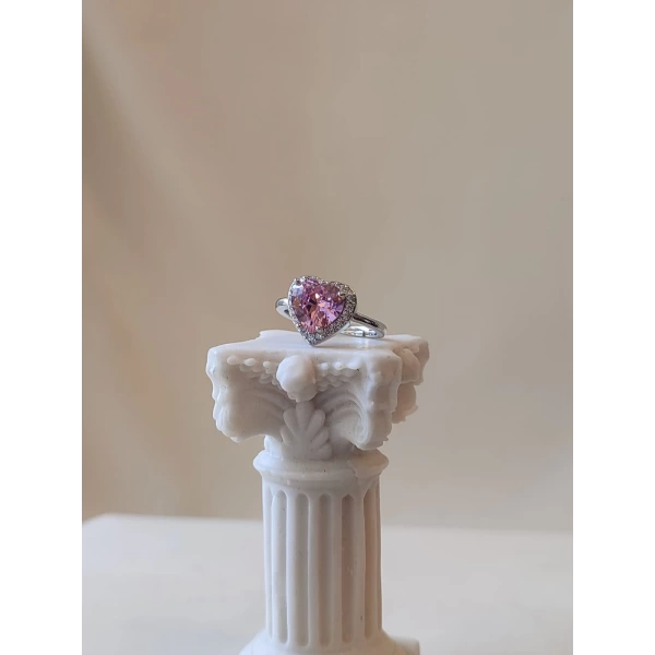 Pembe Taşlı Swarovski Kalp Yüzük | Çelik