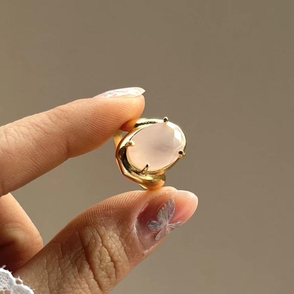 Pembe Taşlı Vintage Yüzük I 14 Altın Kaplama