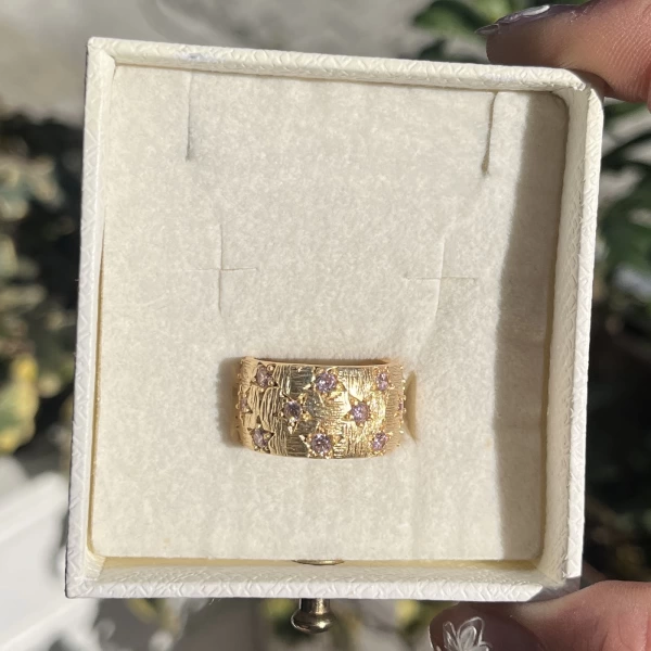 Pembe Yıldız Damalı Vintage Yüzük I 14K Altın Kaplama