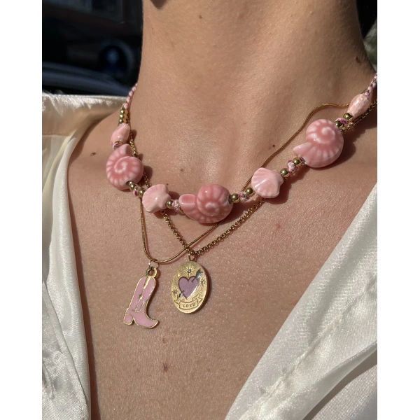 Renkli Pembe Cam Deniz Kabuğu Kolye