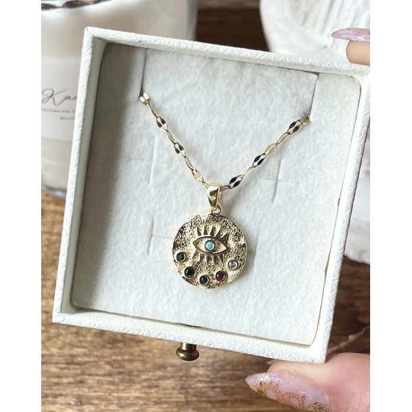 Renkli Taşlı Vintage Göz Kolye | Çelik