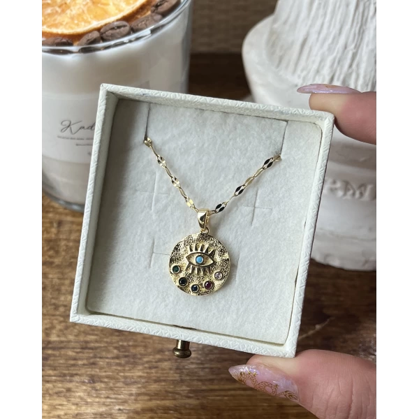 Renkli Taşlı Vintage Göz Kolye | Çelik