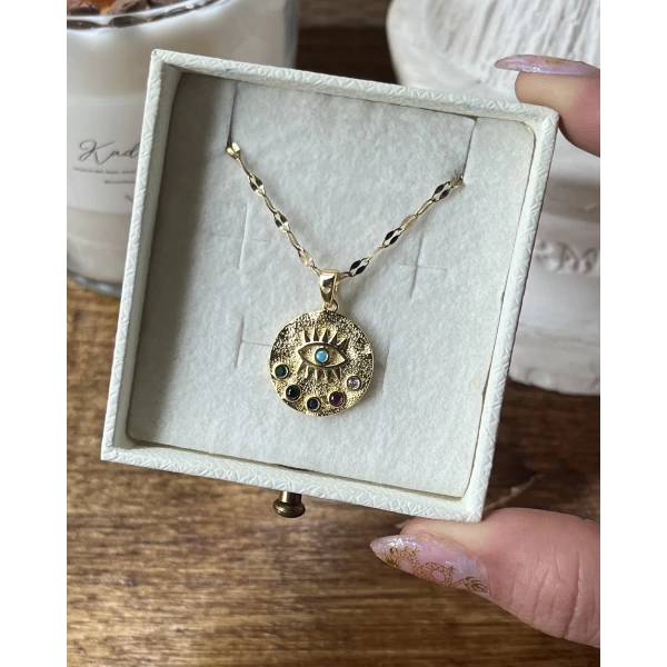 Renkli Taşlı Vintage Göz Kolye | Çelik
