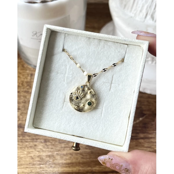 Renkli Taşlı Vintage Göz Kolye | Çelik
