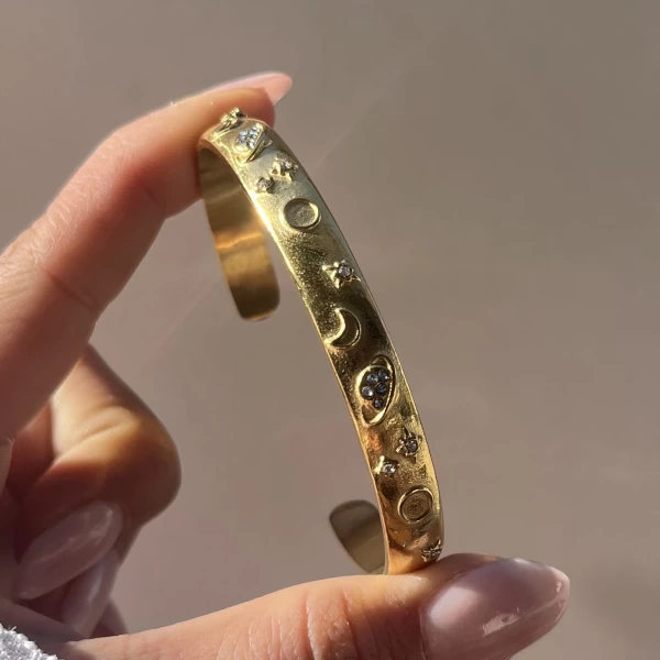 Renkli Taşlı Satürn Vintage Kelepçe Bileklik I Çelik