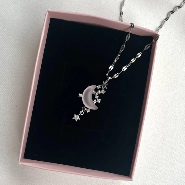 Tasarım Opal Pembe Hilal Kolye | Çelik