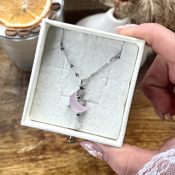 Tasarım Opal Pembe Hilal Kolye | Çelik