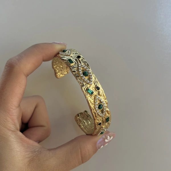 Yeşil Taşlı ve Göz Motifli Vintage Kelepçe Bileklik