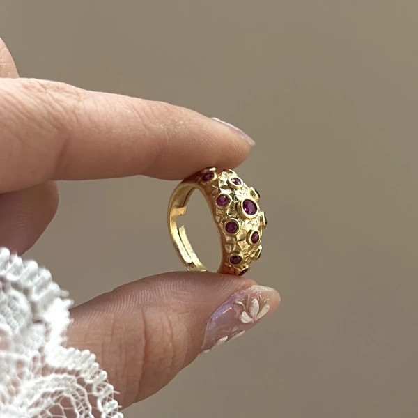 Bordo Taşlı Vintage Yüzük I 14 Altın Kaplama