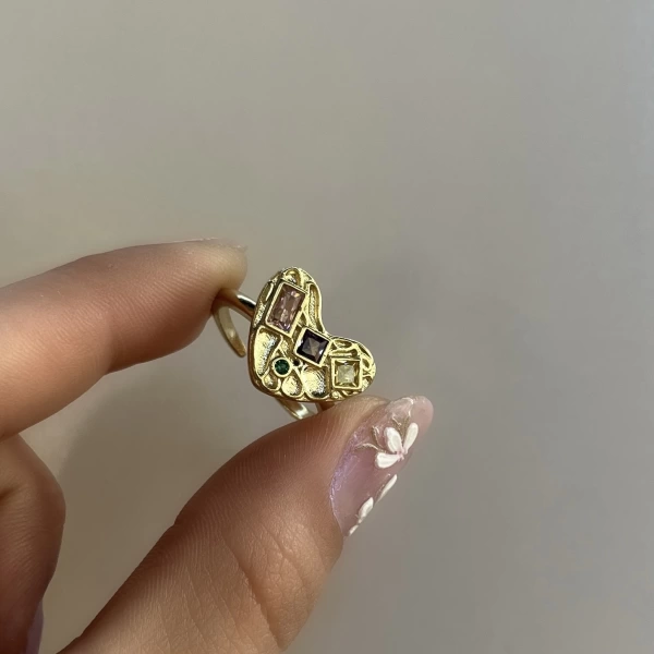 Taşlı Kalp Vintage Yüzük I Ham Pirinç