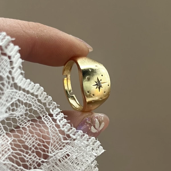 Yıldız Damalı Vintage Yüzük I 14 Altın Kaplama