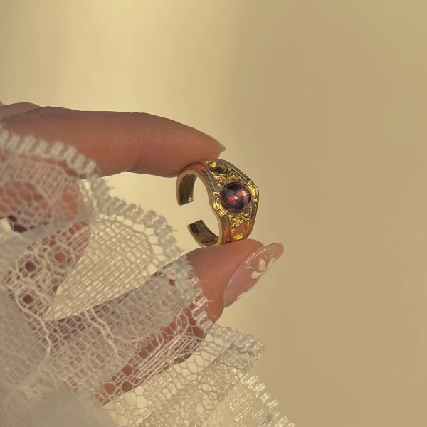Ametist Taşlı Vintage Yüzük I 14 Altın Kaplama
