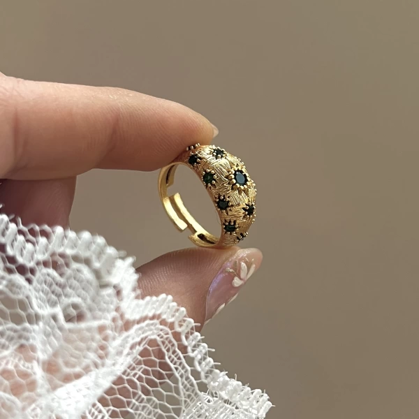 Yeşil Yıldız Damalı Vintage Yüzük I 14 Altın Kaplama