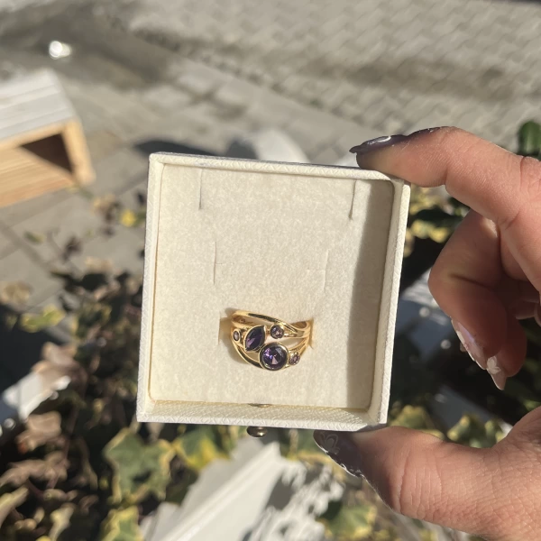Mor Taşlı Vintage Yüzük I 14 Altın Kaplama