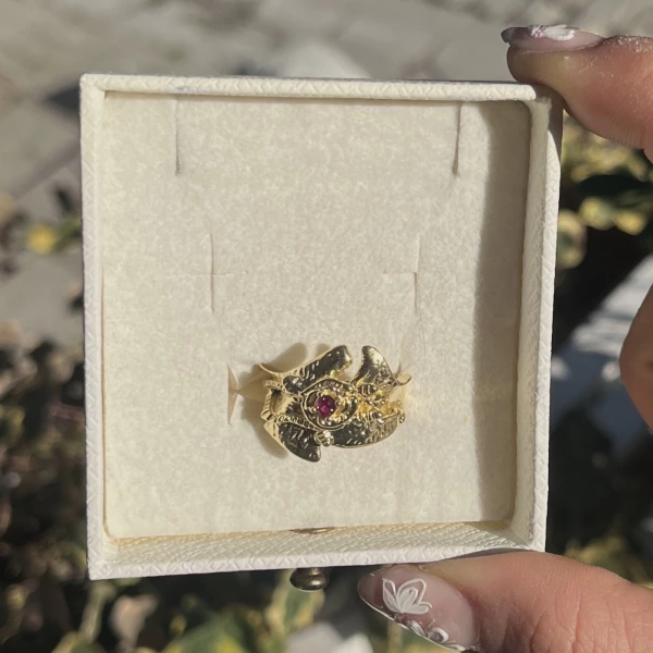 Kırmızı Taşlı Vintage Yüzük I 14 Altın Kaplama