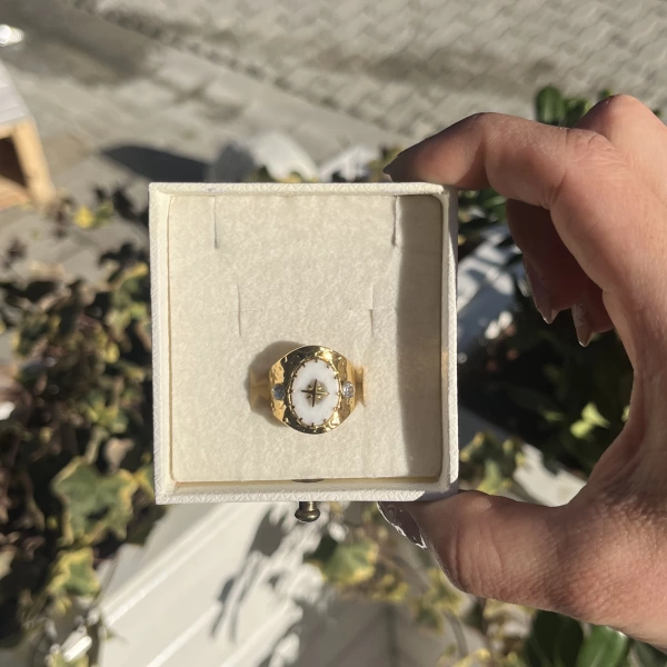 Beyaz Sedefli Yıldız Vintage Yüzük I Çelik