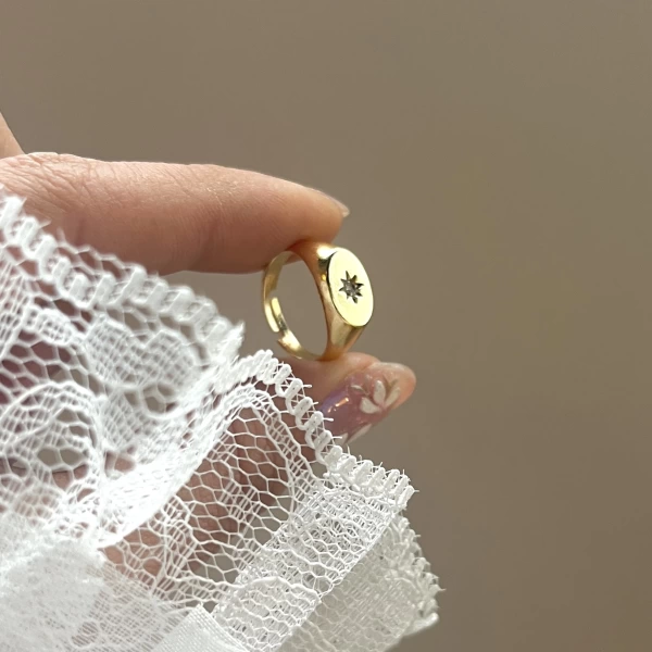 Oval Yıldız Vintage Yüzük I 14 Altın Kaplama
