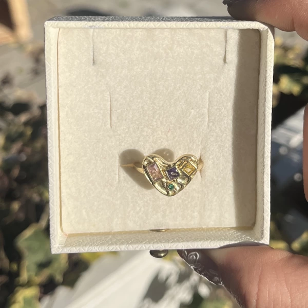 Taşlı Kalp Vintage Yüzük I Ham Pirinç