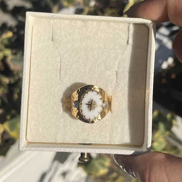 Beyaz Sedefli Yıldız Vintage Yüzük I Çelik