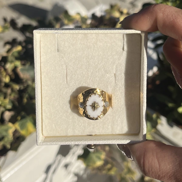 Beyaz Sedefli Yıldız Vintage Yüzük I Çelik