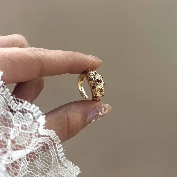 Bordo Taşlı Vintage Yüzük I 14 Altın Kaplama