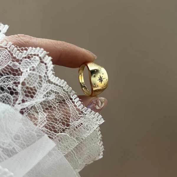 Yıldız Damalı Vintage Yüzük I 14 Altın Kaplama