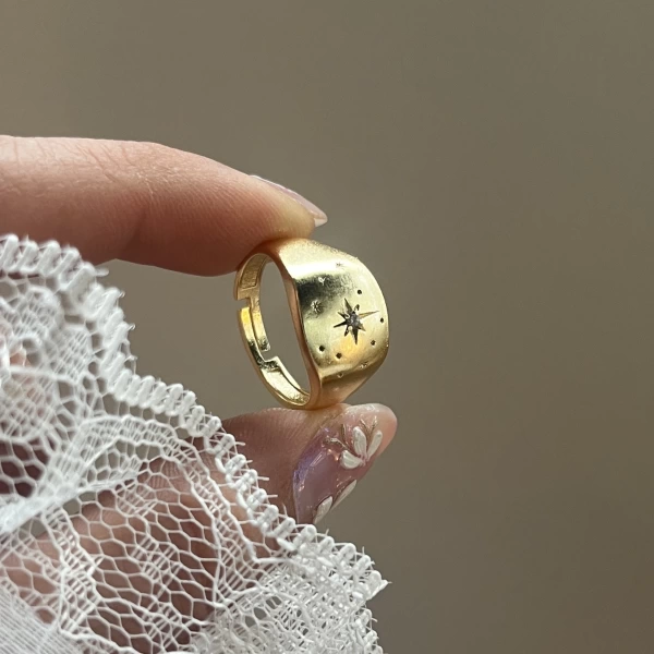 Yıldız Damalı Vintage Yüzük I 14 Altın Kaplama