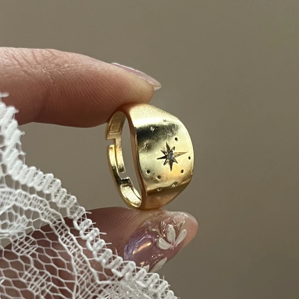 Yıldız Damalı Vintage Yüzük I 14 Altın Kaplama