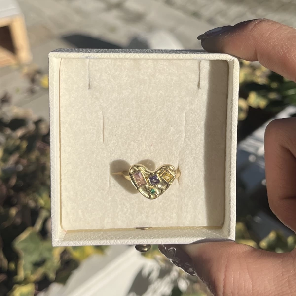 Taşlı Kalp Vintage Yüzük I Ham Pirinç