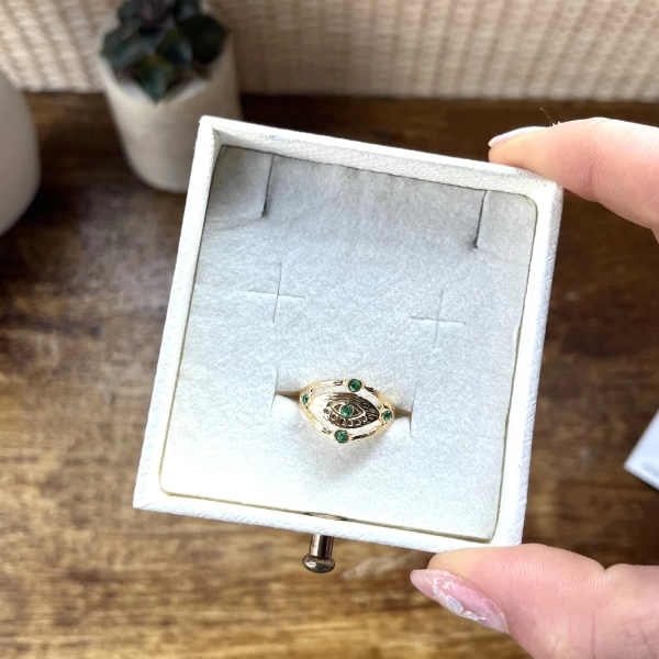 Yeşil Taşlı Göz Vintage Yüzük I 14 Altın Kaplama
