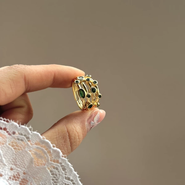 Yeşil Taşlı Vintage Yüzük I 14 Altın Kaplama