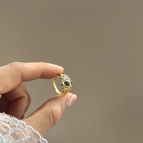 Yeşil Taşlı Vintage Yüzük I 14 Altın Kaplama