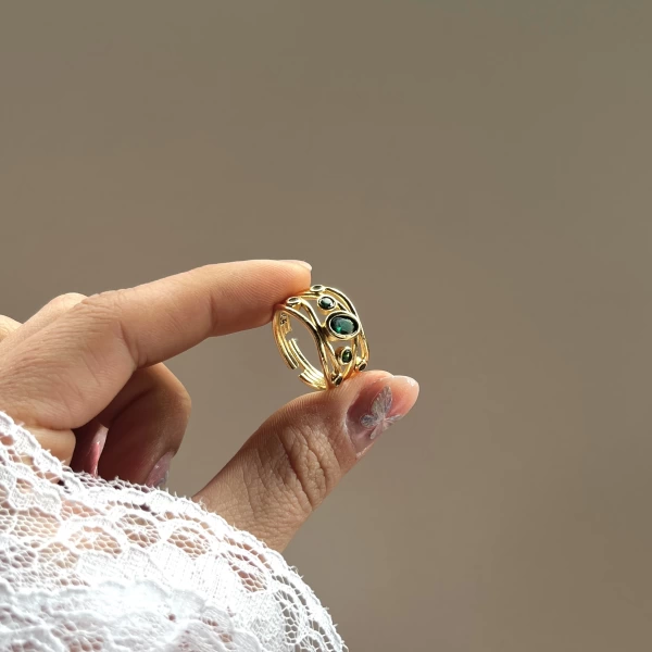 Yeşil Taşlı Vintage Yüzük I 14 Altın Kaplama