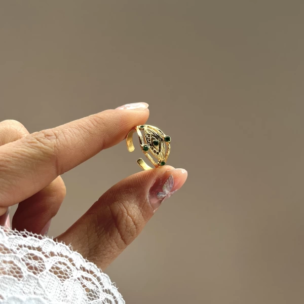 Yeşil Taşlı Göz Vintage Yüzük I 14 Altın Kaplama