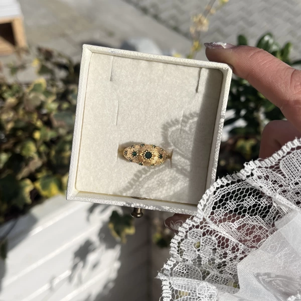 Yeşil Yıldız Damalı Vintage Yüzük I 14 Altın Kaplama