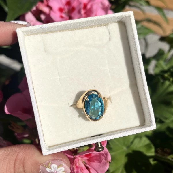 Mavi Taşlı Oval Vintage Yüzük I Ham Pirinç
